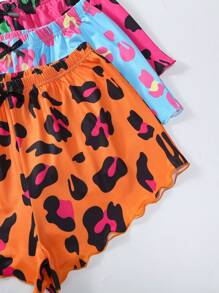 3 piezas Pantalones cortos de estar en casa con estampado de leopardo asimétrico y ribete de lechuga