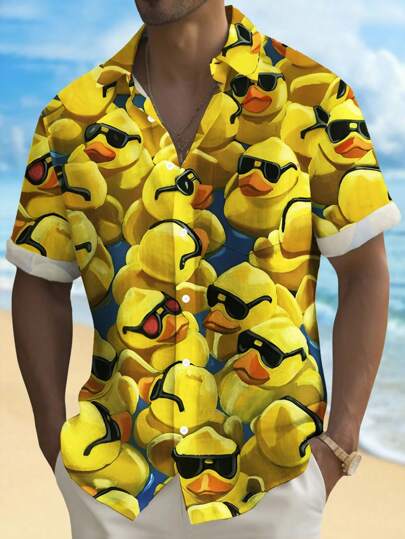 Plus Size Men's Hawaiian Duck Cartoon 3D Digital Print Button-Down Short Sleeve Shirt, Absorbs Sweat