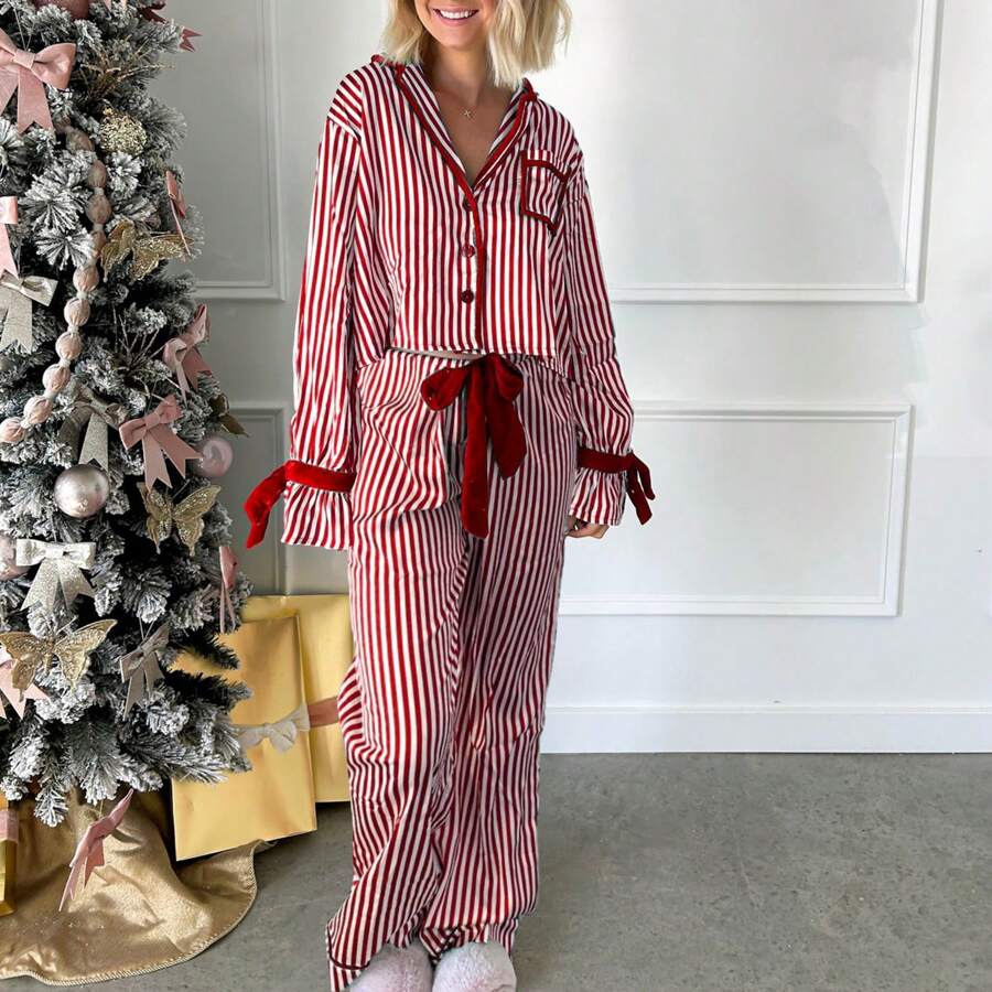 Womens Striped Pajama Set Long Sleeve Button-Up Crop Tops Bow Long Pants 2 Piece Sleepwear Outfit - Đỏ - Xem 1
