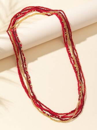 5pcs/Set Elastic Bohemian Beaded Waist Chain, Bracelet And Body Chain Set For Women, Versatile Red Color Combination