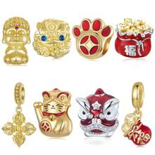 WOSTU 1pc 925 Sterling Silver Good Luck Red Chinese Elements Charm Beads Pendant Gold-Plated For Women Fit DIY Bracelet Necklace Original Fine Jewelry
