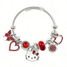 Sanrio Juego de 1 pieza, un lindo brazalete con colgante de estilo Hello Kitty con colgante de aleación y decoración roja, adecuado para uso diario y regalo - accesorios de joyería con temática de anime de moda sin chapado, adecuado para todas las estaciones.