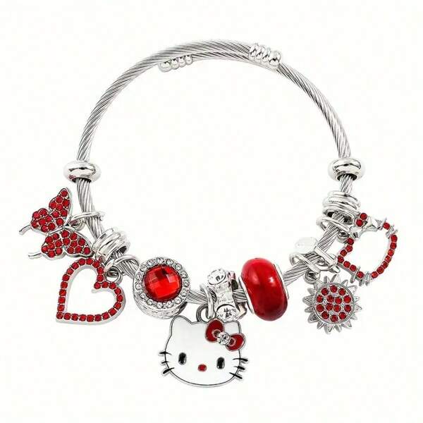 1-Piece Set, A Cute Hello Kitty Style Pendant Bracelet With Alloy Pendant And Red Decoration, Suitable For Daily Wear And Gift Giving - Non Plated Fashionable Anime Themed Jewelry Accessories, Suitable For All Seasons