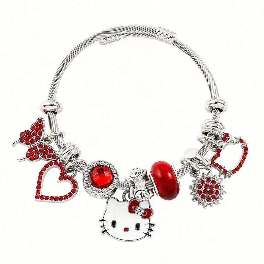 Sanrio Juego de 1 pieza, un lindo brazalete con colgante de estilo Hello Kitty con colgante de aleación y decoración roja, adecuado para uso diario y regalo - accesorios de joyería con temática de anime de moda sin chapado, adecuado para todas las estaciones.