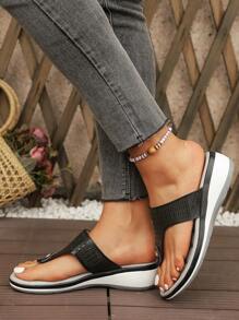 女士夏季新款金属沙滩人字拖，厚底坡跟人字拖，舒适，复古时尚休闲装，透明时尚 - 黑色 - 查看 4