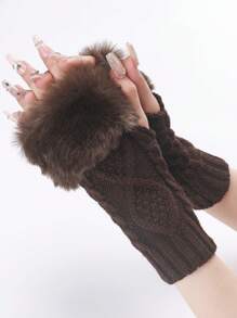 1 双女士菱形短毛绒露指手套，针织保暖时尚臂套，适合秋冬季 - 咖啡色 - 查看 4