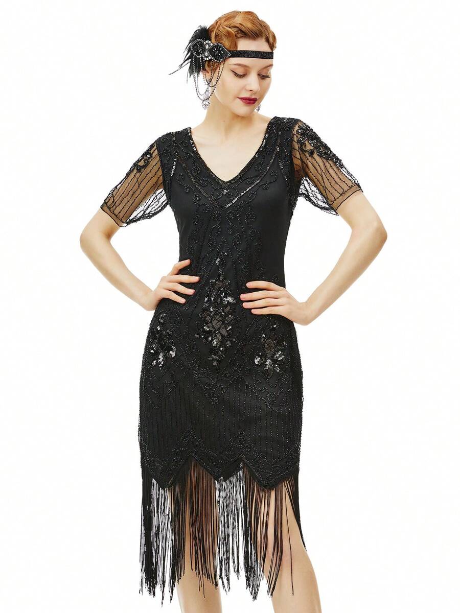 BABEYOND 1920s Art Deco Fringed Sequin Dress Roaring 20s Flapper Fancy Dress - màu đen - Xem 1