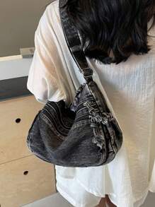 Women Retro Large Canvas Denim Shoulder Bag Denim Crossbody Handbags Casual Style Lightweight Tote Purse