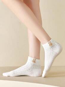 5 đôi vớ mắt cá chân thêu gấu - trắng - Xem 4