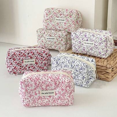1 Pc 6 Colors Mini Floral Makeup Bag For Women Cosmetic Organizer Storage Pouch Large Capacity Quilted Cosmetic Bags For Women Cute Aesthetic Floral Toiletry Storage Bag Puffy Makeup Pouch For Gift, Friend, Her, Birthday Gift, Back To School Supplies