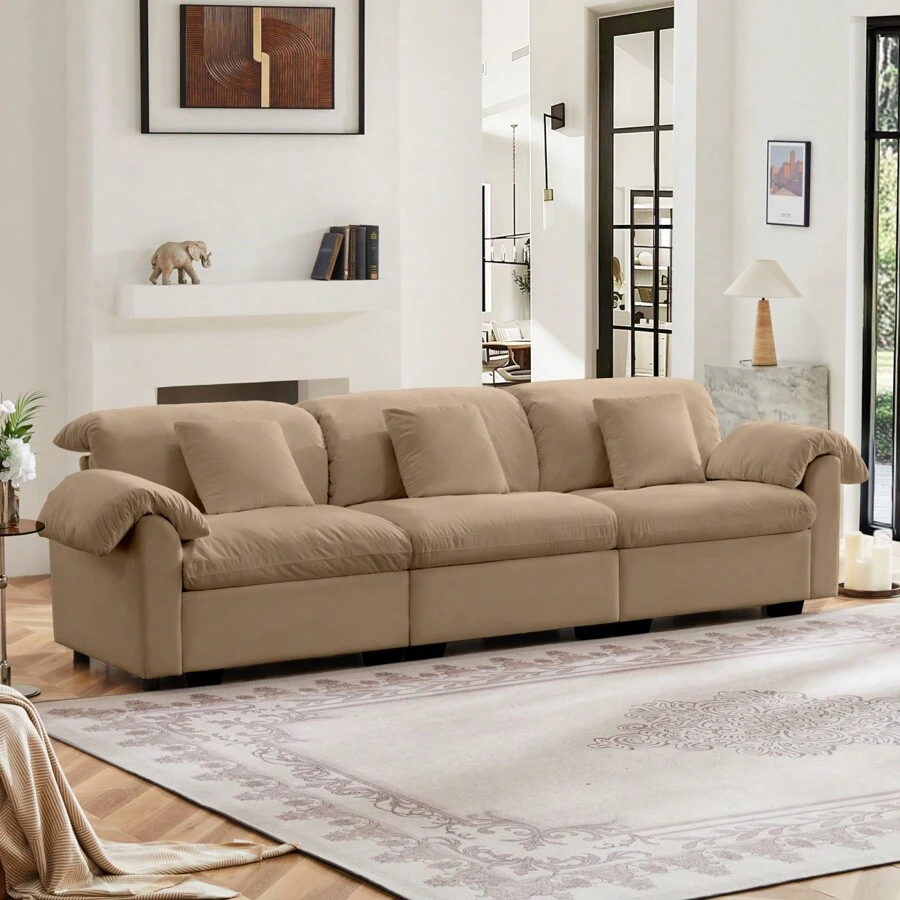 Extra Large 3 - Seat Modern Velvet Sofa With Storage Function Under Each Seat, Oversize Sofa Clould Like Deep Seat Couch With Comfortable Seat And Back Support, 3 Seater Sofa With Fluffy Armrest Pillo