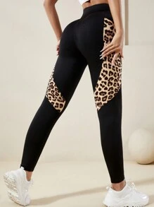 Women High Waisted Leopard Print Pocket Splice Fitness Leggings, High Stretchy Yoga Pants, Athletic & Activewear