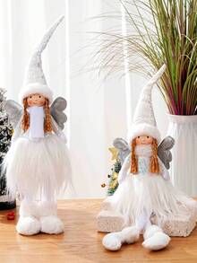 1 pieza Figura decorativa de ángel niña con postura sentada, hecha de tela con lentejuelas blancas, decoración navideña, regalo de Navidad, decoración del hogar, escaparate, fiesta, restaurante, escritorio, decoración de habitación, Año Nuevo, regalo del Día de la Madre, regalo del Día de San Valentín para la novia, altura 55cm/21.6 pulgadas, decoraciones navideñas de invierno