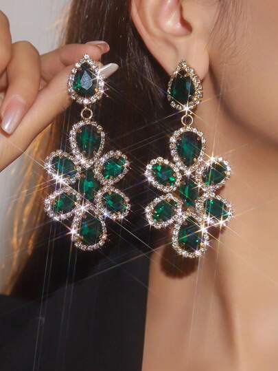 1 par de pendientes de cristal geométricos con gota de agua de lujo, pendientes de cristal negro, blanco, verde y rosa con incrustaciones de diamante de imitación, pendientes elegantes y personalizados adecuados para vestidos de fiesta y uso diario