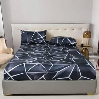 Modern Geometric Pattern Fitted Sheet – Quilted Design Polyester Bed Cover, No Pillowcase, Machine Washable, Active Print, Woven Fabric, Lightweight 80-85g – Bedroom Decor (One Piece)