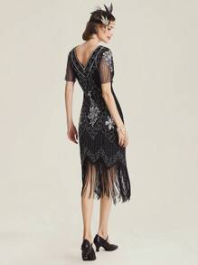 BABEYOND 1920s Art Deco Fringed Sequin Dress Roaring 20s Flapper Fancy Dress - 黑銀色 - 查看 2