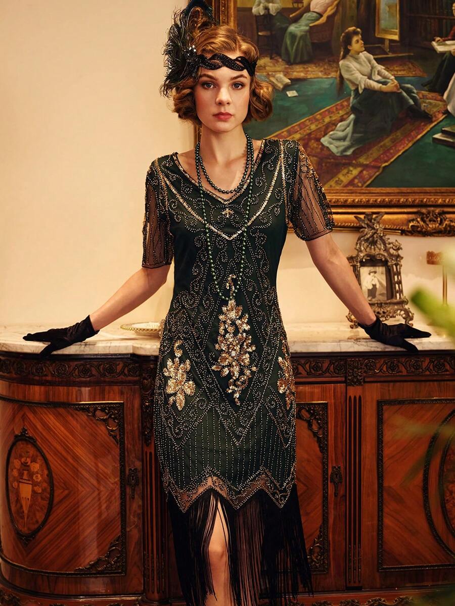 BABEYOND 1920s Art Deco Fringed Sequin Dress Roaring 20s Flapper Fancy Dress - 墨綠色 - 查看 1