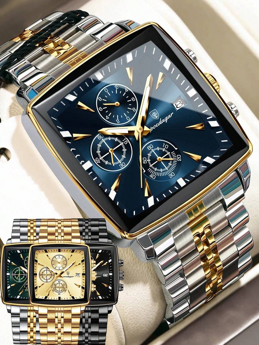 POEDAGAR 1pc Casual Men's Stainless Steel Chronograph Date Quartz Wrist Watch, Luxury Waterproof Luminous Watches For Men, Business Man Wristwatch Suitable For Work Occasion, Anniversary Gifts For Men - 均碼 - 查看 1