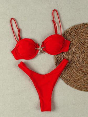 Bikini de mujer de unicolor con diseño de estrella de mar, traje de baño de verano