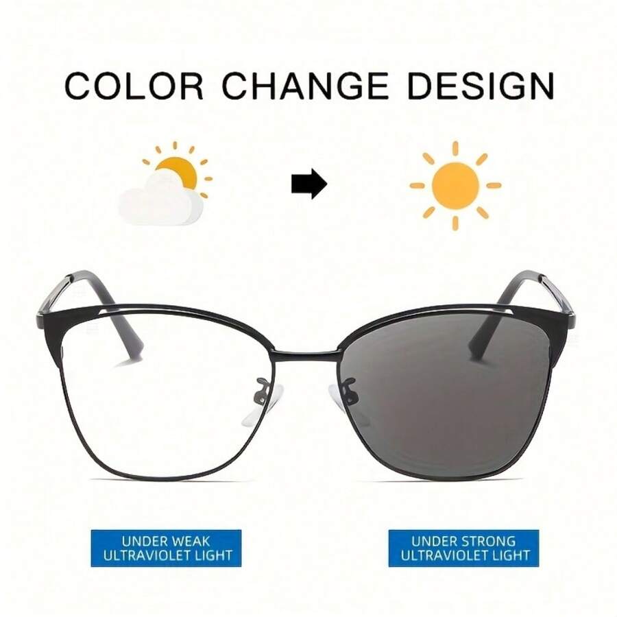 1pc Ultra-Light, Versatile Color-Changing Light Glasses With High-End Feel And Simple Hollow Frame Design. Stylish Glasses Frame For Girls, Zinc Alloy Free - Photochromic - View 1