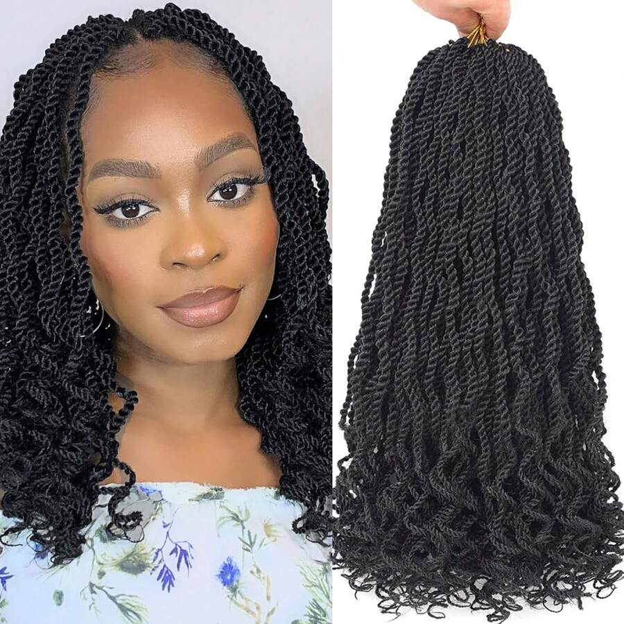 Tóc xoắn Senegalese 8/12 inch uốn lượn sóng Tóc xoắn Passion Crochet có phần đuôi xoăn Tóc tết Havana tổng hợp - màu đen - Xem 1