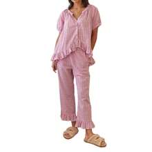 Women 2 Piece Pajama Set Plaid Short Sleeve Button Down Ruffle Tops Shirt Drawstring Long Pants Pajamas Lounge Sets Sleepwear - Pink - View 1