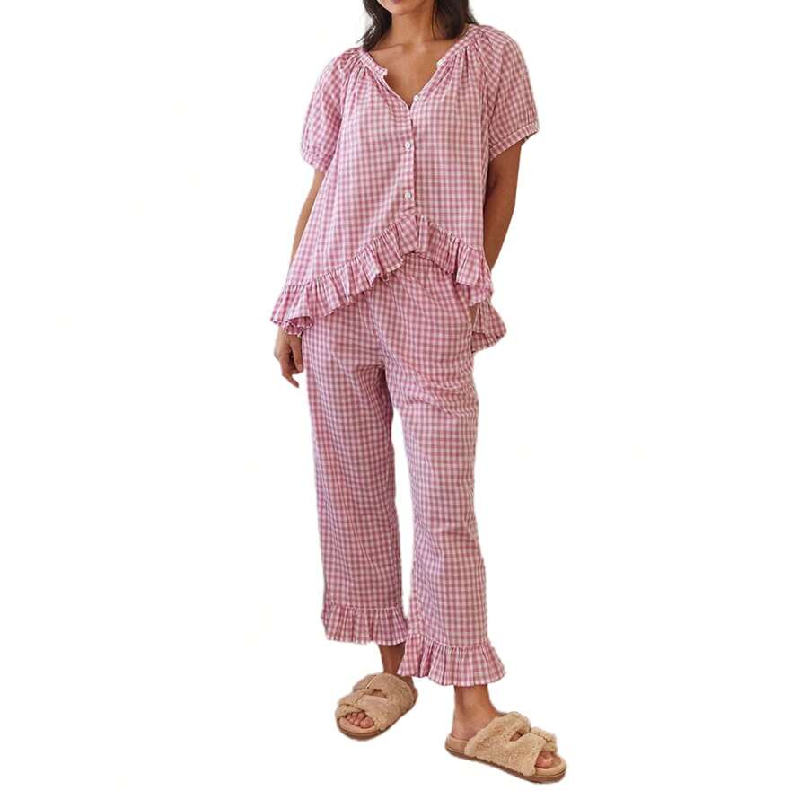 Women 2 Piece Pajama Set Plaid Short Sleeve Button Down Ruffle Tops Shirt Drawstring Long Pants Pajamas Lounge Sets Sleepwear - Pink - View 1
