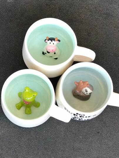 1 pieza Taza de cerámica blanca de 350ml/11.84 onzas con diseños de animales en 3D como perezoso, rana, vaca, patito, unicornio, pequeño dinosaurio, taza de café y té creativa para volver al colegio