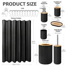 1pc Bamboo Covered Bathroom Accessory Set,8pcs Bathroom Accessories Set - Toothbrush Holder, Mouthwash Cup, Soap Dispenser, Soap Dish, Toilet Brush, Trash Can, Shower Curtain And Hook For Bathroom Supplies, Bath Set Housewarming Gift - Black - View 3