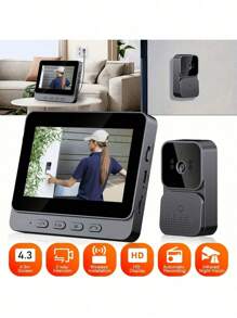 1 Piece Wireless HD Video Doorbell Kit - 4.3 Inch IPS Screen, Night Vision, Two-Way Intercom, Motion Detection, Waterproof, Battery Powered, No Wi-Fi Required, Ideal For Villa, Home, Office And Apartment Security - 黑色 - 查看 3