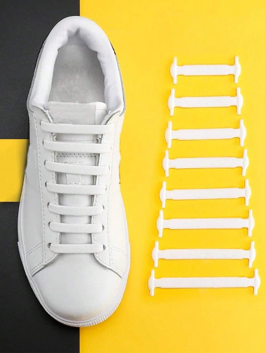 16 件松垮鞋带扣无需系带松紧带无需系带荷叶边弹性运动鞋鞋带，适用于女士男士运动鞋男式训练鞋跑步鞋 - 白色 - 查看 1