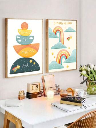 2 件伊斯兰解放阵线 5 大支柱艺术帆布海报、伊斯兰儿童印刷品、伊斯兰墙壁艺术、儿童装饰、斋月装饰、无框架罗摩