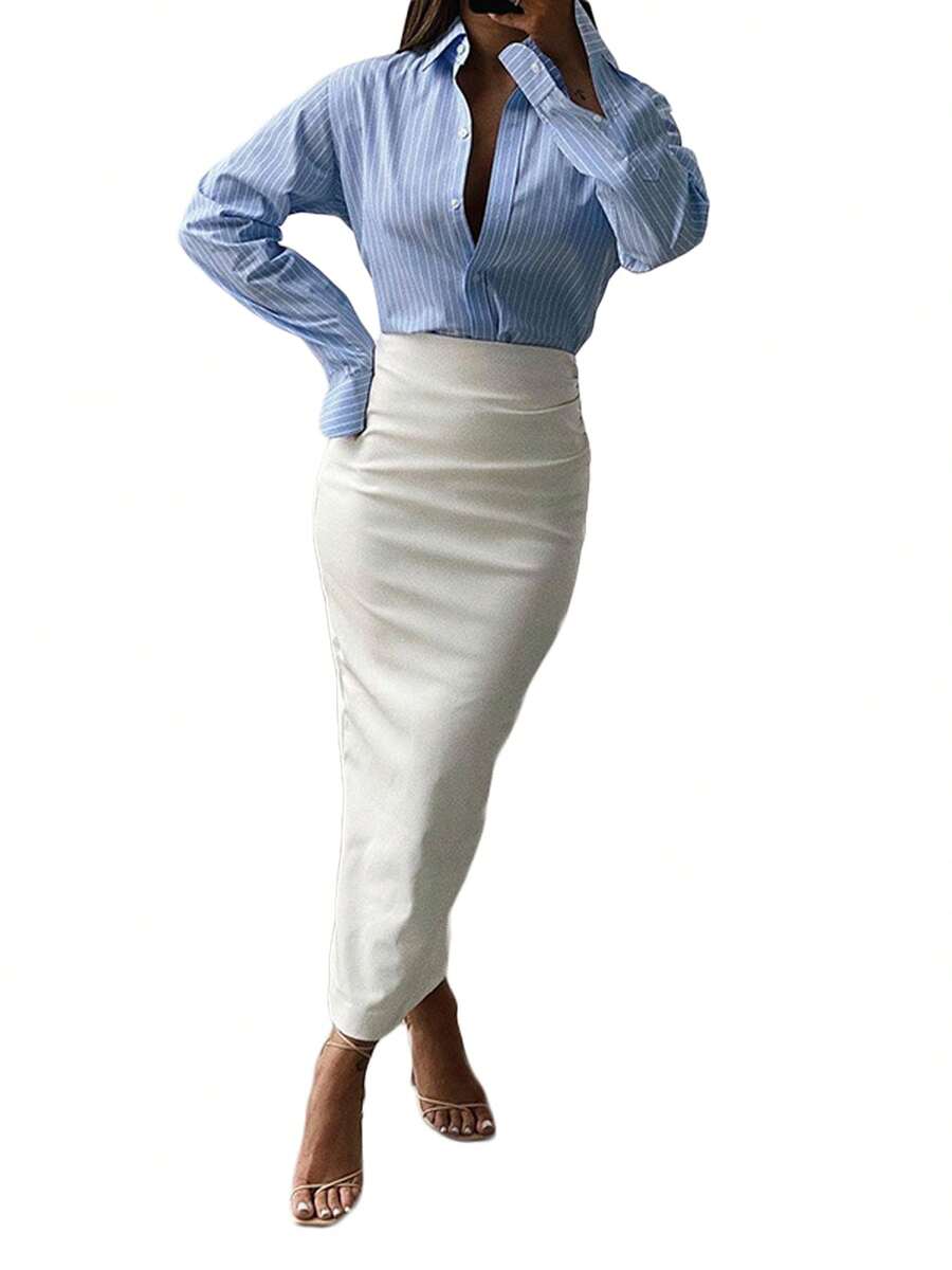Women Autumn Sexy Skirt, Adults Slim-fit Solid Color Slit Leather Skirt Black, White - Blanco - Ver 1
