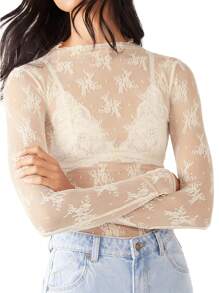 Women Sexy Lace Sheer Long Sleeve Tops Mesh See-Through Mock Neck Basic T Shirt Spring Fall Slim Fit Tops Shirts Streetwear - 米色 - 查看 4