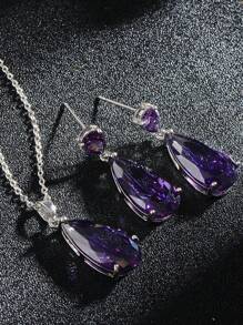 3pcs Women's Multi-Color Crystal Zirconia Jewelry Set - Gold/White Plated Multi-Color Teardrop Cubic Zirconia Crystal Earrings And Pendant Necklace Set, Suitable For Mothers' Weddings, PROM Parties, Birth Stone Fashion - 紫色 - 查看 6