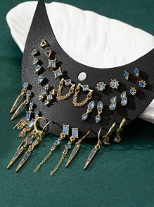 17 Pairs/Set Retro-Style Minimalist Multiple Rhinestone Small Stud Earrings, Niche Design, European American Style - Blue - View 1