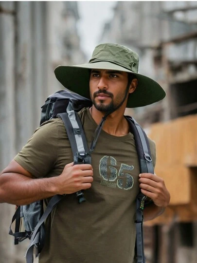 Sombrero de pesca de protección solar neutro, sombrero de cubo de protección solar, adecuado para senderismo y pesca, actividades al aire libre, sombrero plegable de ala grande con protección UV, estilo vaquero occidental para sombrear para hombre y mujer, gorra con cordones para el sol, sombrero de montañismo