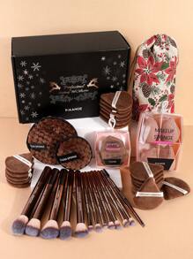 MAANGE 13Pcs Professional Soft Long Aluminum Tube Makeup Brushes With Storage Bag Christmas Gift Box+27pcs Powder Puff Accessories,Foundation Brush, Eyeshadow Brush, Eyebrow Brush, Blending Brush,Highlight Brush,Concealer Brush,Makeup Brush For Powder Liquid Cream,Makeup Tool With Soft Fiber For Easy Carrying,Brush For Travel,Christmas Theme Gifts For Women&Girls - 咖啡棕 - 查看 12