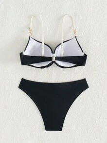 Sultry Sol 夏季海滩 2 件套 女士黑白拼布双环装饰吊带上衣和金色点缀三角比基尼套装 - 黑色 - 查看 7