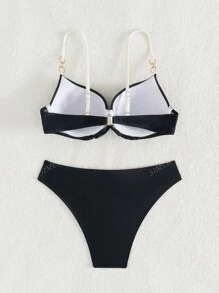 Zomerstrand 2 stuks/set dames zwart-wit patchwork dubbele ring decor strap top & gouden accent triangel bikiniset