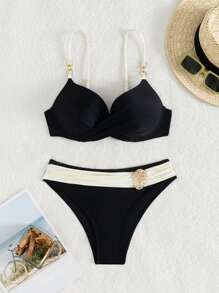 Zomerstrand 2 stuks/set dames zwart-wit patchwork dubbele ring decor strap top & gouden accent triangel bikiniset