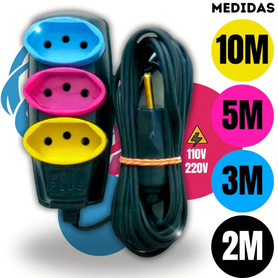 Electrical Extension 2/3/5/10 Meters Bivolt Three-Pole Colored Sockets - 彩色 - 查看 1