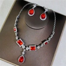 1 套奢华优雅女士珠宝套装，水晶嵌入式耳环和项链 3 件，适合新娘婚礼、宴会、派对佩戴