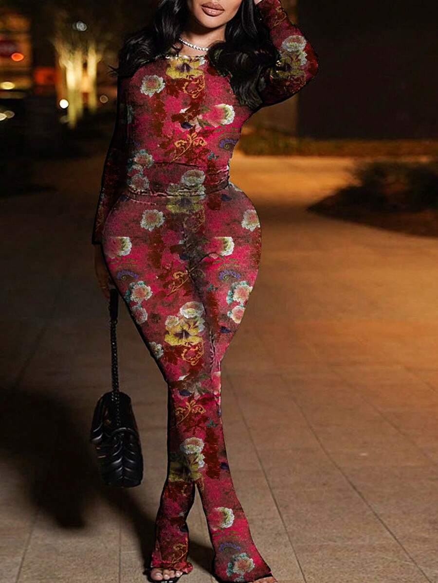 女士透视印花紧身上衣,休闲喇叭裤,提臀基础套装,度假风红色优雅 - 紅色 - 查看 1