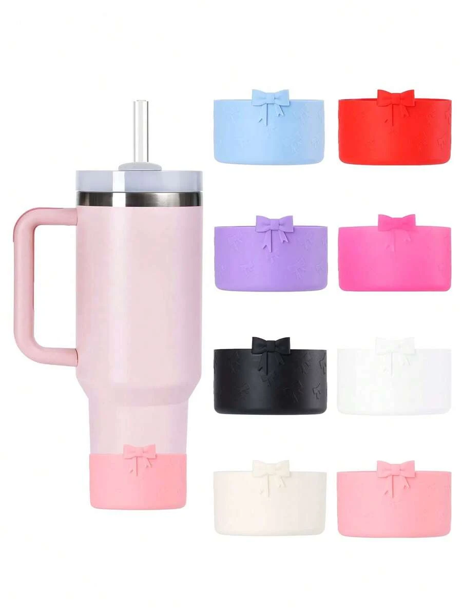 4 piezas Bota de silicona para todos los vasos con un diámetro de la base de 7.5 cm Vaso de aventura, Bota de base para IceFlow Flip de 12 y 24 onzas, Funda protectora de vasos Botas adecuadas para la vida diaria, viajes, reuniones familiares, fiestas, a prueba de agua, anti caídas, anti arañazos Cubierta de vaso de silicona 4 piezas/3 piezas/2 piezas/1 pieza - Manga de copa con pajarita - Ver 1