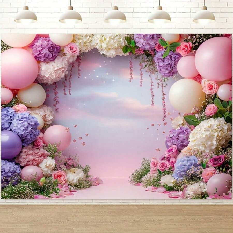 1pc, Floral Balloon Arch Photography Background - Polyester Photo Booth Background Banner, Suitable For General Occasions - No Electricity Required, Party Decoration Supplies - Multicolor - View 1