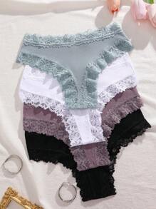 Bộ 4 quần lót sọc dọc thoải mái tối giản màu trơn viền ren cho nữ - Nhiều màu - Xem 4