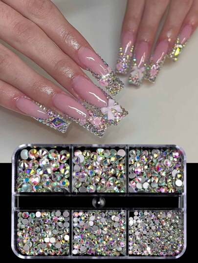 6 格套装 美甲装饰 混合尺寸美甲水钻 平底水钻胶水钻 DIY 闪亮贴纸 皮肤 非热熔水晶 美甲用品 美甲 美甲饰品 美甲宝石