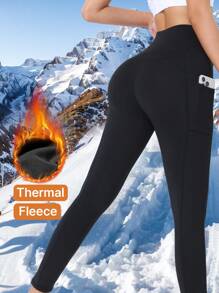 单件装保暖瑜伽裤，常规厚度面料设计，轻盈贴身，适合女性，秋冬季节，室内健身、健身房、跑步、瑜伽、锻炼，弹力提臀，侧边口袋，保暖内衬，抓绒面料。 - 黑色 - 查看 2