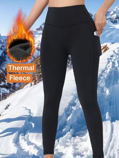 1pc Thermal Lined Yoga Pants, Regular Thickness Fabric Design, Lightweight & Snug Fit Leggings Suitable For Women, Autumn/Winter, Indoor Fitness, Gym, Running, Yoga, Workout, Stretchy & Lifting Butt, Side Pockets, Thermal Lining,Fleece